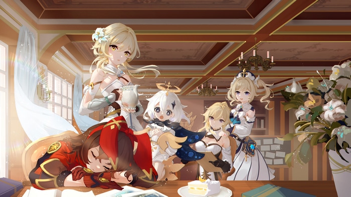 Genshin Impact: Amber, Paimon, Lumine, and Barbara in a room