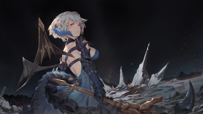 Artwork of a demon girl with white hair and blue horns