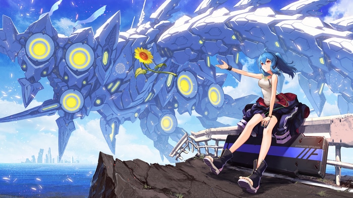 Nakamura Eight with a giant robot and a sunflower