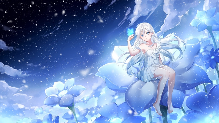 Girl with silver hair and blue eyes sitting on a flower