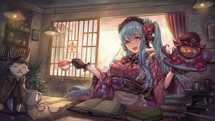 Maid with blue hair and a cat in a room