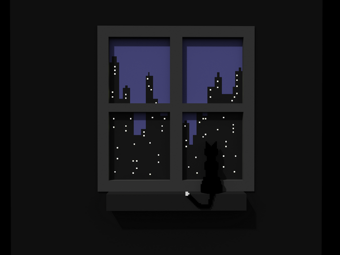Black Cat Looking Out Window at Cityscape