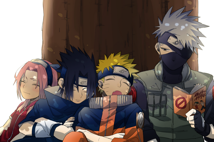 Naruto, Sasuke, Sakura, and Kakashi resting