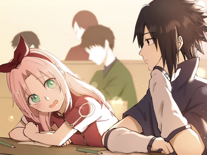 Sakura and Sasuke in a classroom