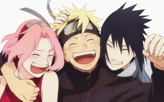 Naruto, Sasuke, and Sakura smiling together