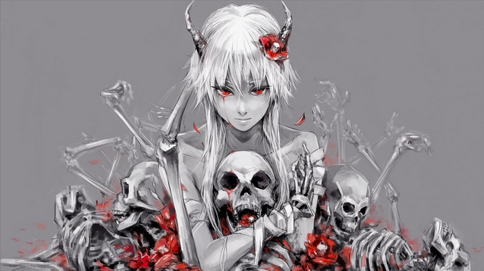 Gasai Yuno with Skeletons and Skulls