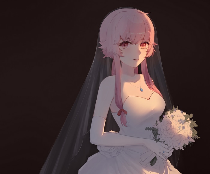 Gasai Yuno in a wedding dress with a bouquet
