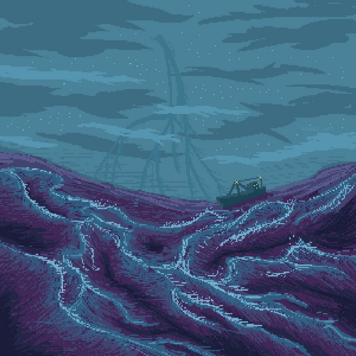 Pixel art of a boat on stormy seas with a kraken