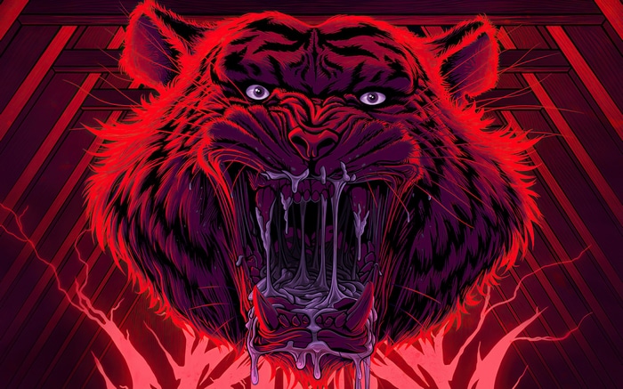 A terrifying tiger with glowing red eyes and dripping saliva