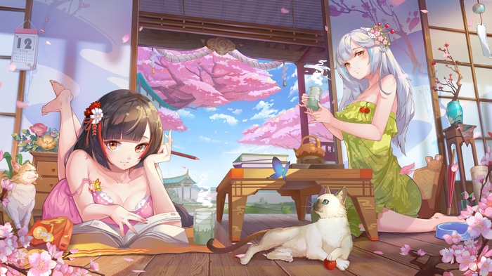 4K Cherry Blossom Scene with Two Girls and Cats