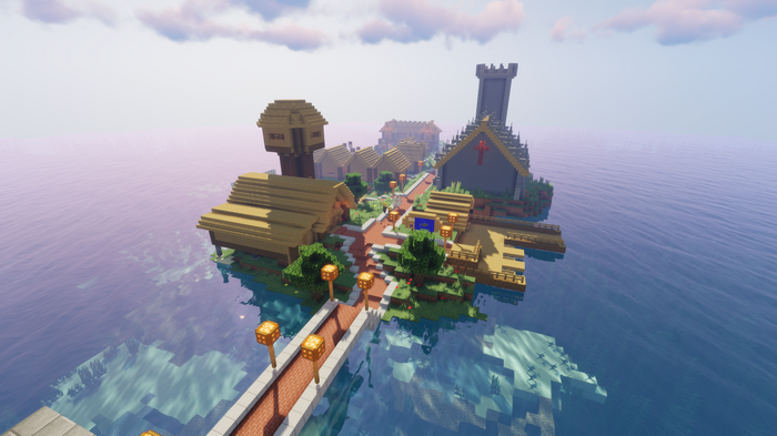 Minecraft island village with a church and castle