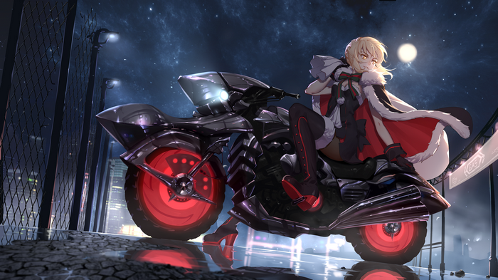 Saber Alter on a Black Motorcycle at Night