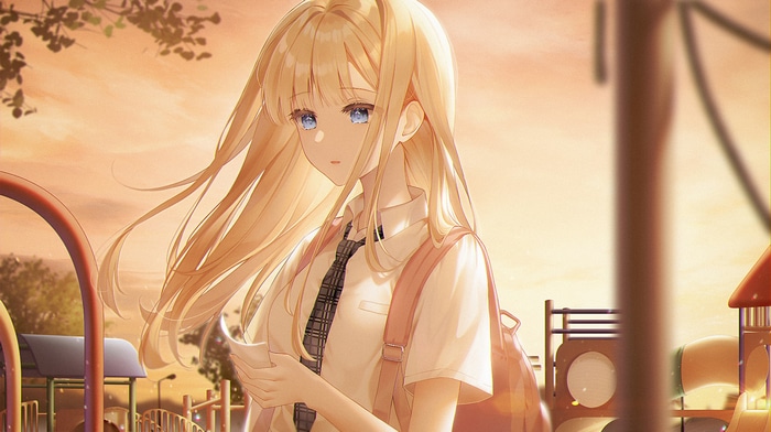 Anime girl in school uniform at sunset