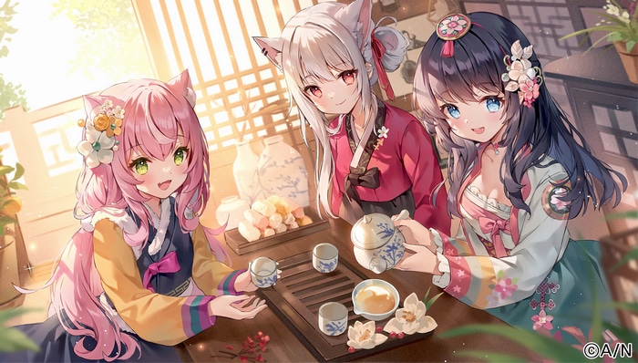 Three anime girls in Korean hanbok drinking tea