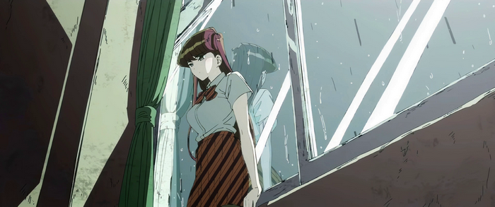 Shouko Komi stands by a window in the rain