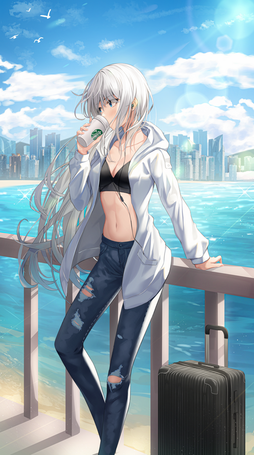 Shuvi drinking Starbucks with earphones and torn jeans