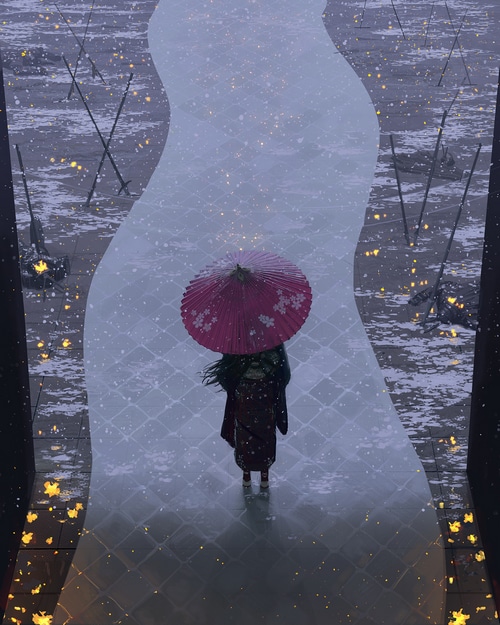 Girl in Kimono with Umbrella in Snow