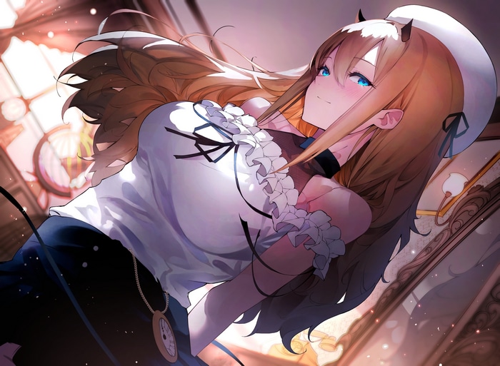 Anime girl with horns and blue eyes