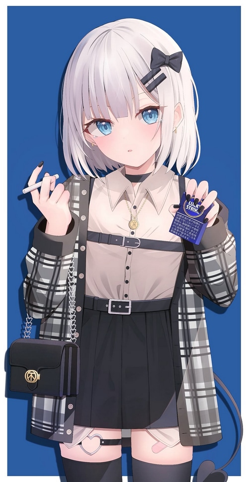 Girl with white hair and blue eyes holding cigarettes