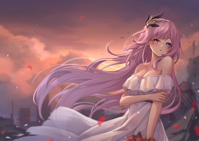 Elysia from Honkai Impact 3rd in a white dress