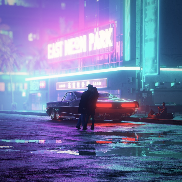 Couple kissing by a car in East Neon Park
