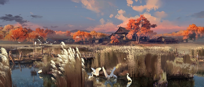 Birds flying over a lake with a cabin and trees