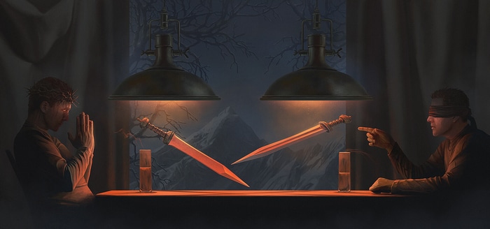 Jesus Christ and a blindfolded man with swords