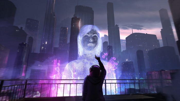 Cyberpunk city with a holographic woman and person
