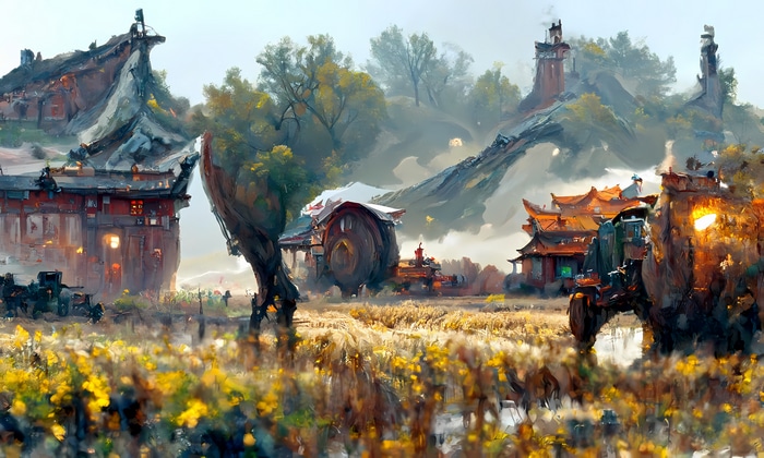 Fantasy Asian village with traditional Chinese architecture