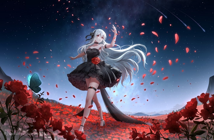 Girl with silver hair and red eyes in a black dress