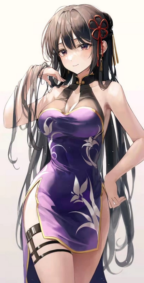 Girl in a purple Chinese dress with dark hair