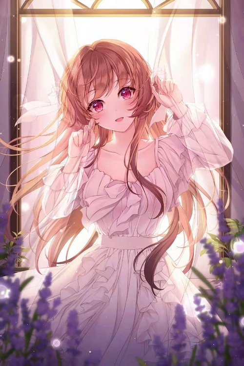 Anime girl with red eyes and brunette hair in a white dress