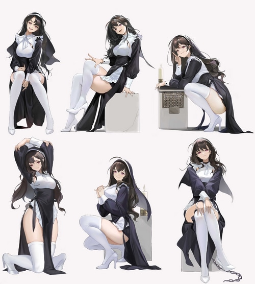 Anime girl in nun outfit and thigh-highs