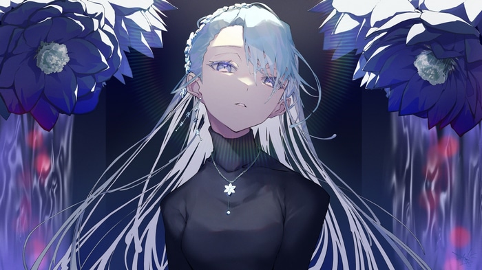 Anime girl with blue hair and flowers