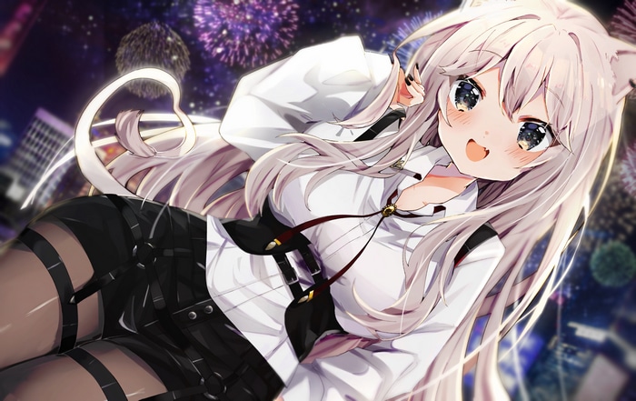 Shishiro Botan with cat ears and tail during fireworks