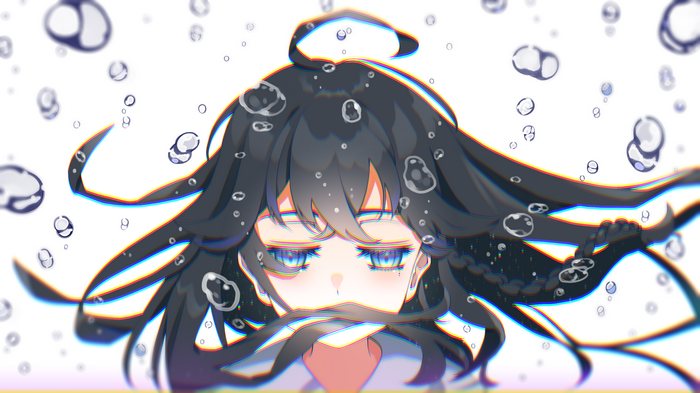 Girl with black hair surrounded by bubbles