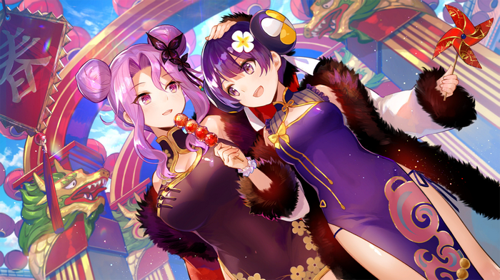 Anime girls in Chinese dresses with candy apples