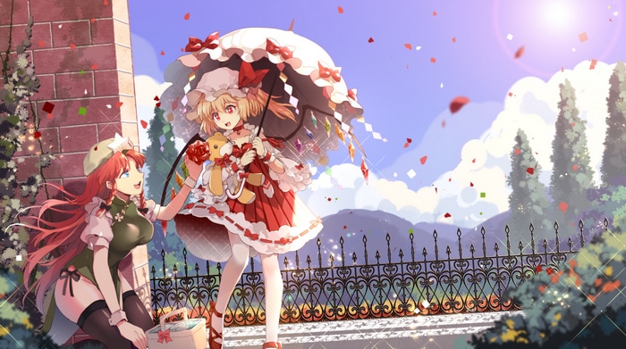 Flandre Scarlet and Hong Meiling with a teddy bear