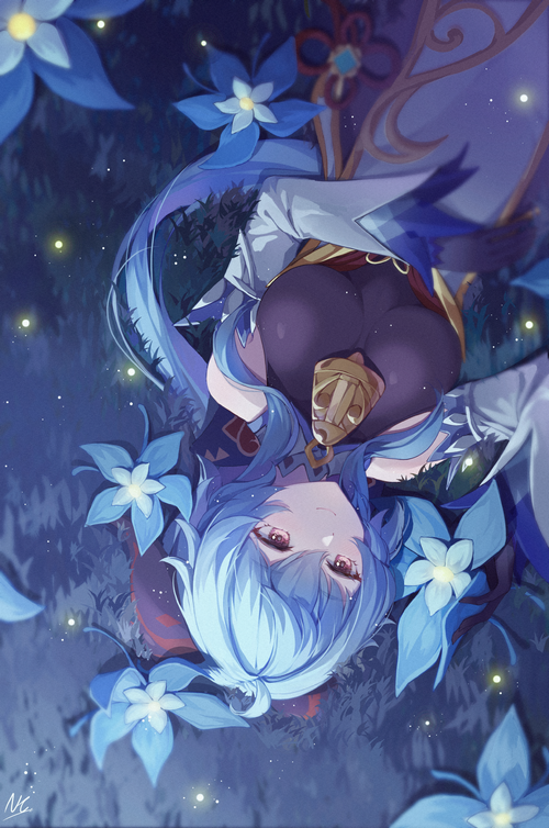 Genshin Impact Ganyu surrounded by blue flowers