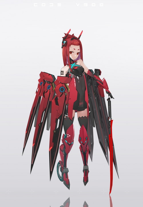 Mecha girl with red eyes and wings