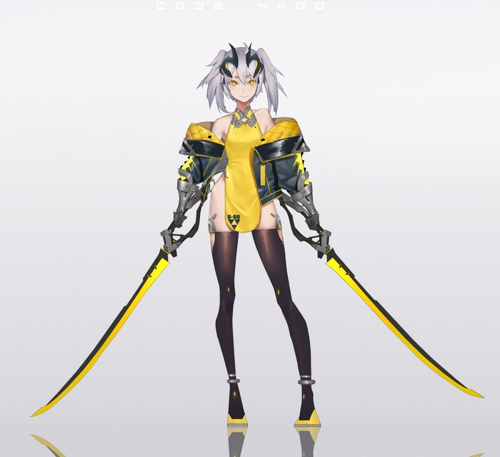 Mecha girl with yellow eyes and silver hair holding swords