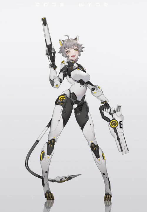 Mecha girl with cat ears and weapons