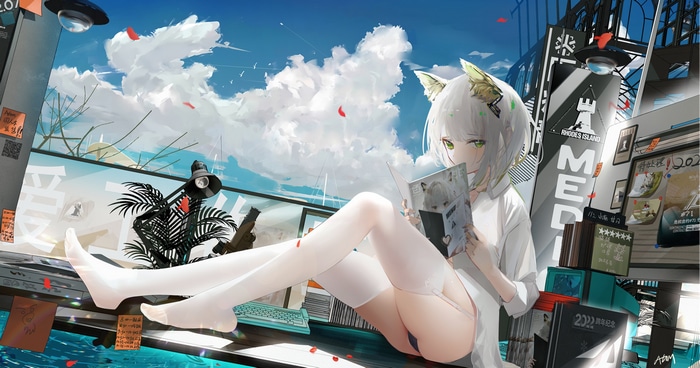 Arknights Kaltsit reading a book on a balcony