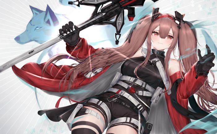 4K Angelina from Arknights with a wolf spirit