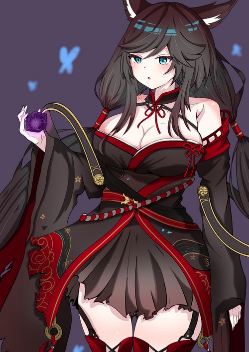 Fox girl in black and red kimono holding a purple gem