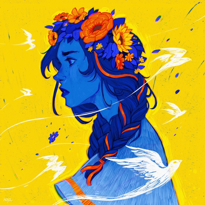 Woman with flower crown and birds on yellow background