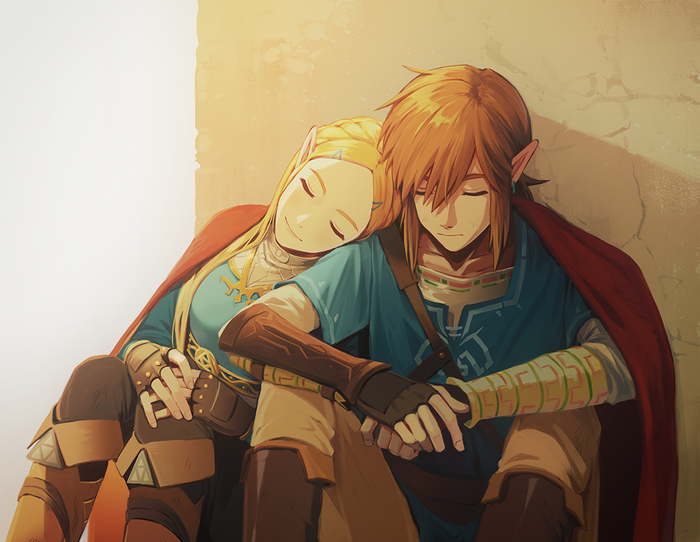 Link and Zelda resting against a wall