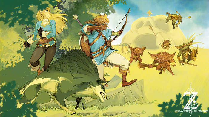 Link, Zelda, and Wolf Link fight Bokoblins