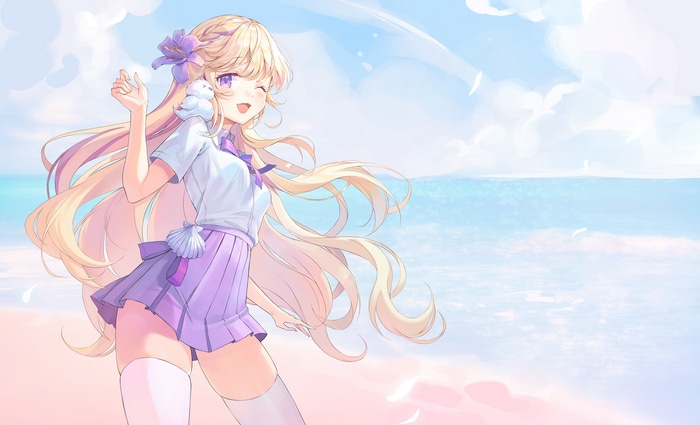 Anime girl with blonde hair and purple eyes at the beach