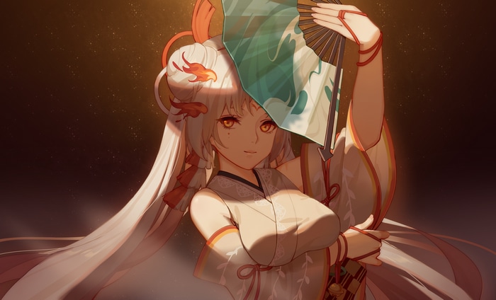 Anime girl in Japanese clothes holding a fan
